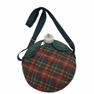 Vintage 1960s Girl Scouts 1 Quart Aluminum Canteen Green Plaid Cover & Strap